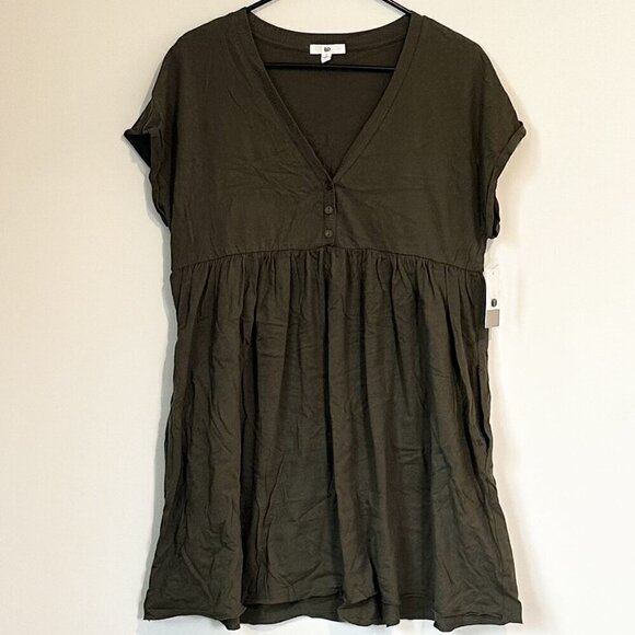 NWT BP by Nordstrom Olive Green Babydoll Short Sleeve Dress with Pockets - S - Picture 2 of 6